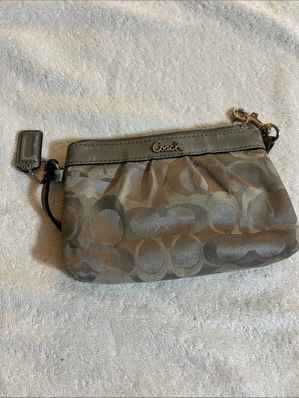 Coach Signature Wristlet in Khaki and Brown Leather Trim
